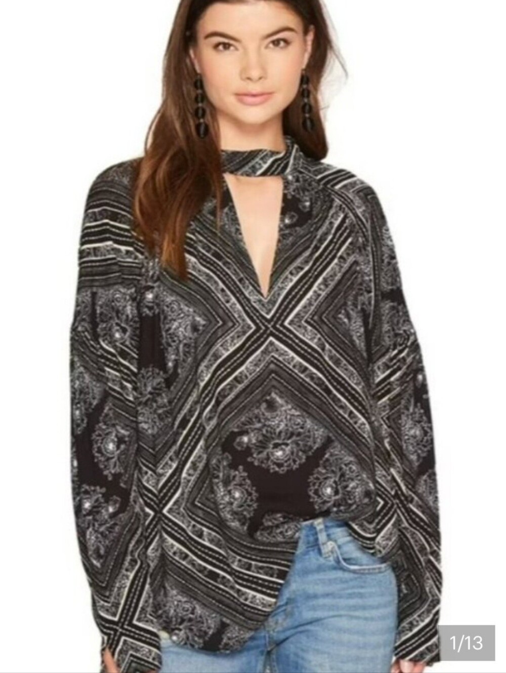 FREE PEOPLE Black Patterned Choker-Neck Blouse - Women Tops      Size S